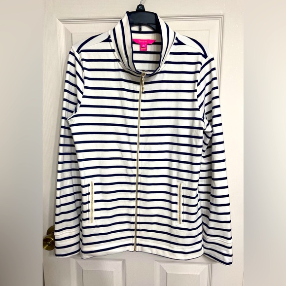 Lilly Pulitzer • White & Navy Nautical Striped Bennett Zip Front Jacket Size M - Picture 1 of 5